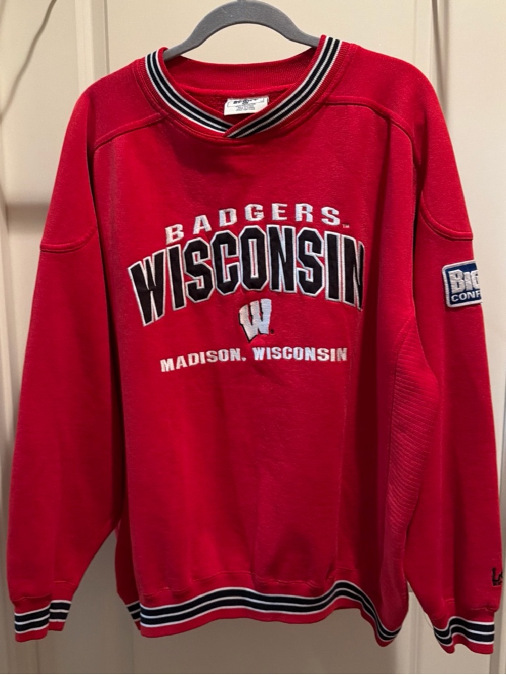 Lee Red Wisconsin Crewneck Sweatshirt with Striped Trim